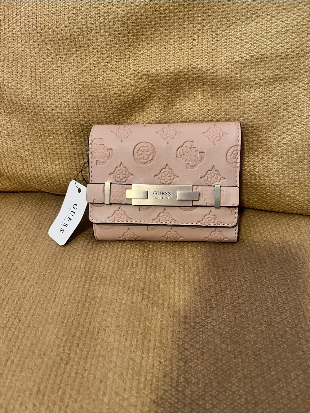 Guess Pink Embossed Logo Compact Wallet with Gold Accent
